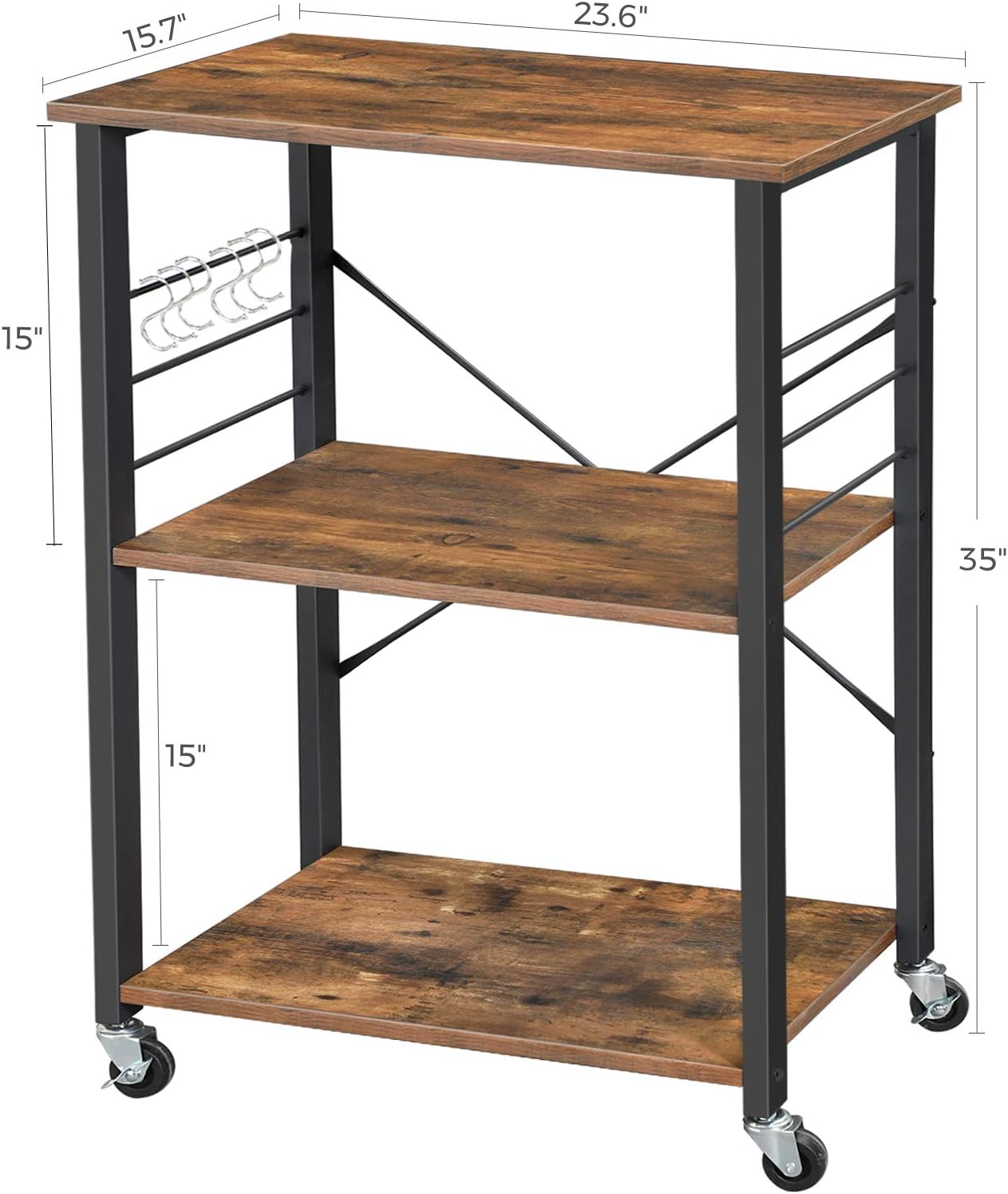 VASAGLE ALINRU Kitchen Baker’s Rack, Microwave Oven Stand Storage Cart, 3-Tier Serving Cart with Metal Frame and 6 Hooks, Industrial Design, Rustic Brown UKKS60XV1 - Standing Baker's Racks