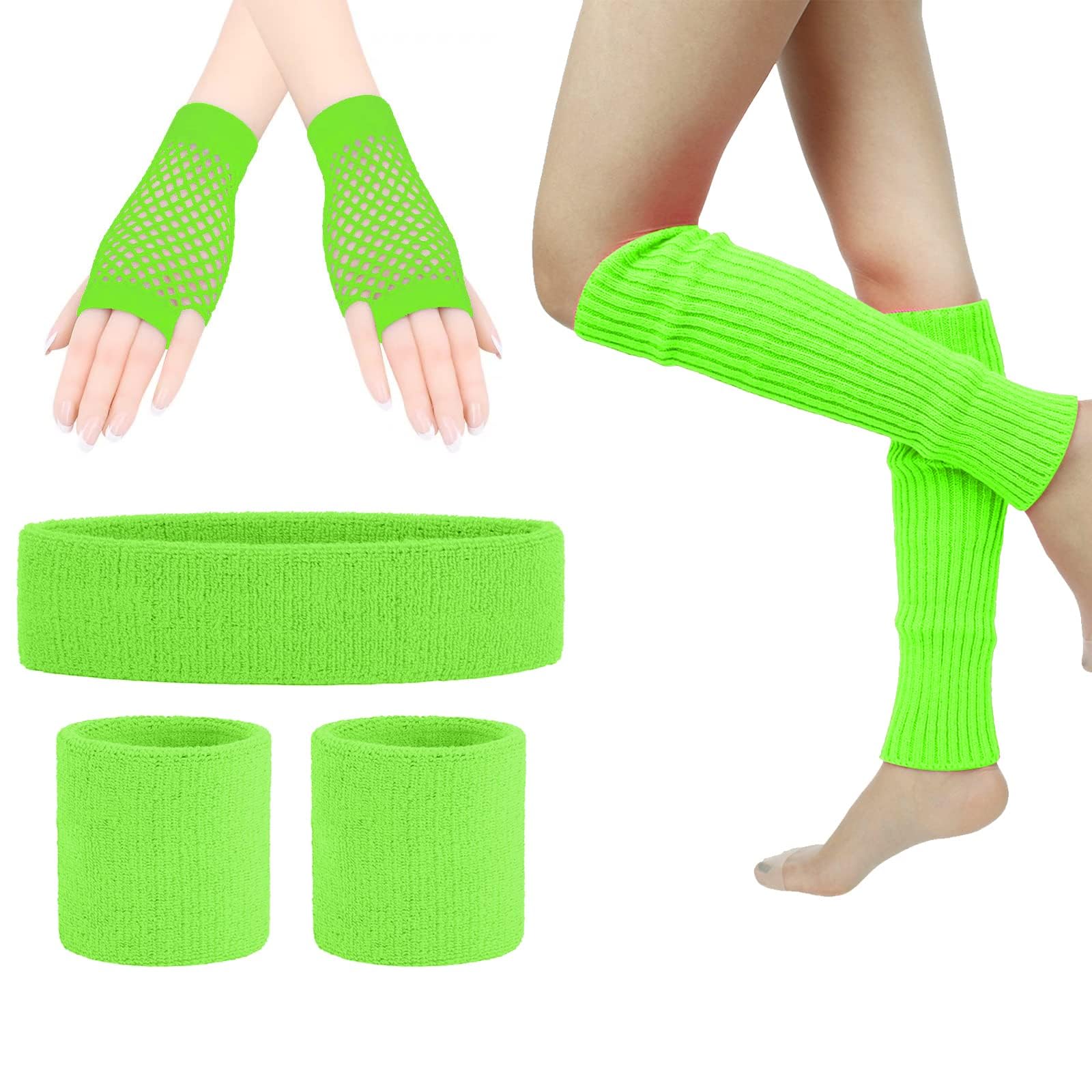 ZOCONE Green Leg Warmers 80s Neon Headband and Wristband Fishnet Gloves Set, 80s Fancy Dress for Women Costume Accessories, Leg Warmers Knit Neon Retro 1980s Theme Party Costumes