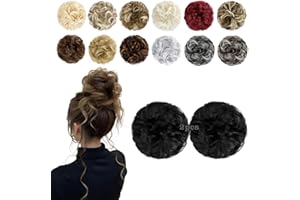 FeidyLong 2 PCS Messy Bun Hair Piece Wavy Curly Scrunchies Synthetic Chignon Ponytail Hair Extensions Thick Updo Hairpieces for Women Girls(Dark Black)