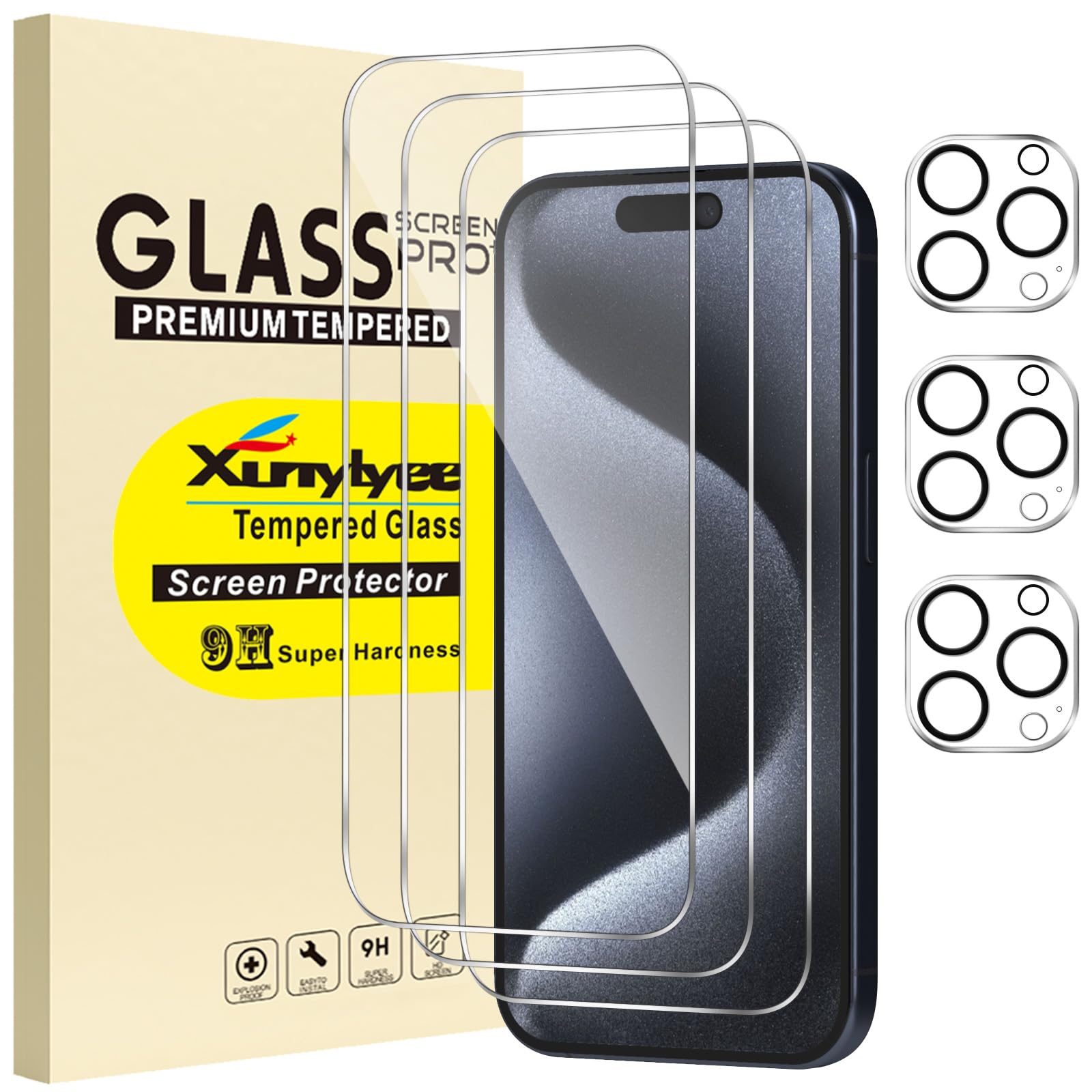 Photo 1 of XunyLyee 3 Pack Screen Protector for iPhone 15 Pro Max 6.7 inch + 3 Pack Camera Lens Protector Tempered Glass Film