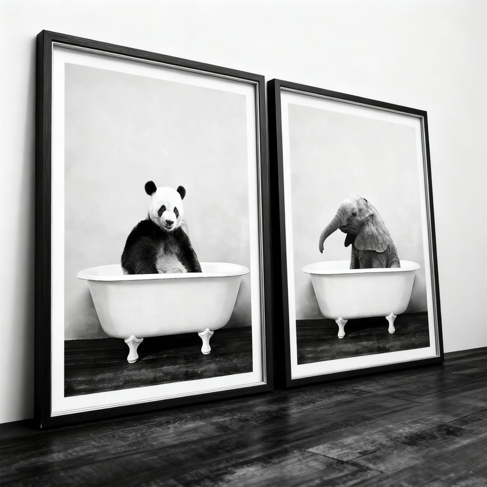 LXTOPN Bathroom Canvas Art, Black and White Elephant in Bathtub, Nordic Animal Wall Art, No Frame (30 x 40 cm x 2)