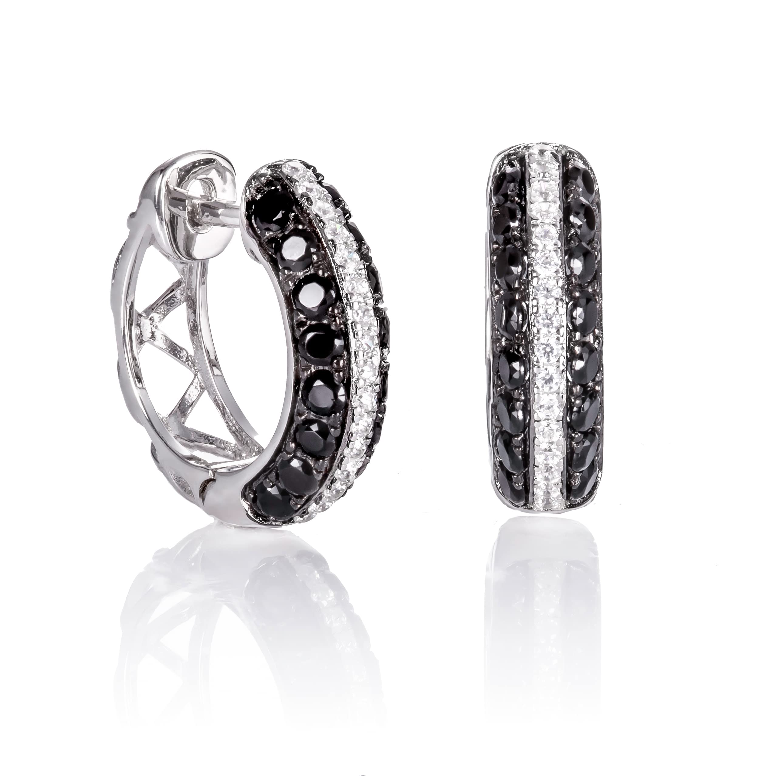 Namana Black and White Silver Hoop Earrings for Women - 925 Sterling Silver With Cubic Zirconia Gemstones - Huggie Earrings in Gift Box