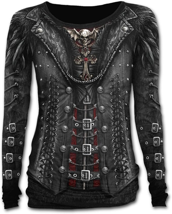 Gothess Wrap, gótico fantasía steampunk del metal camisa de manga larga con todo negro de impresión - L - Espiral directa