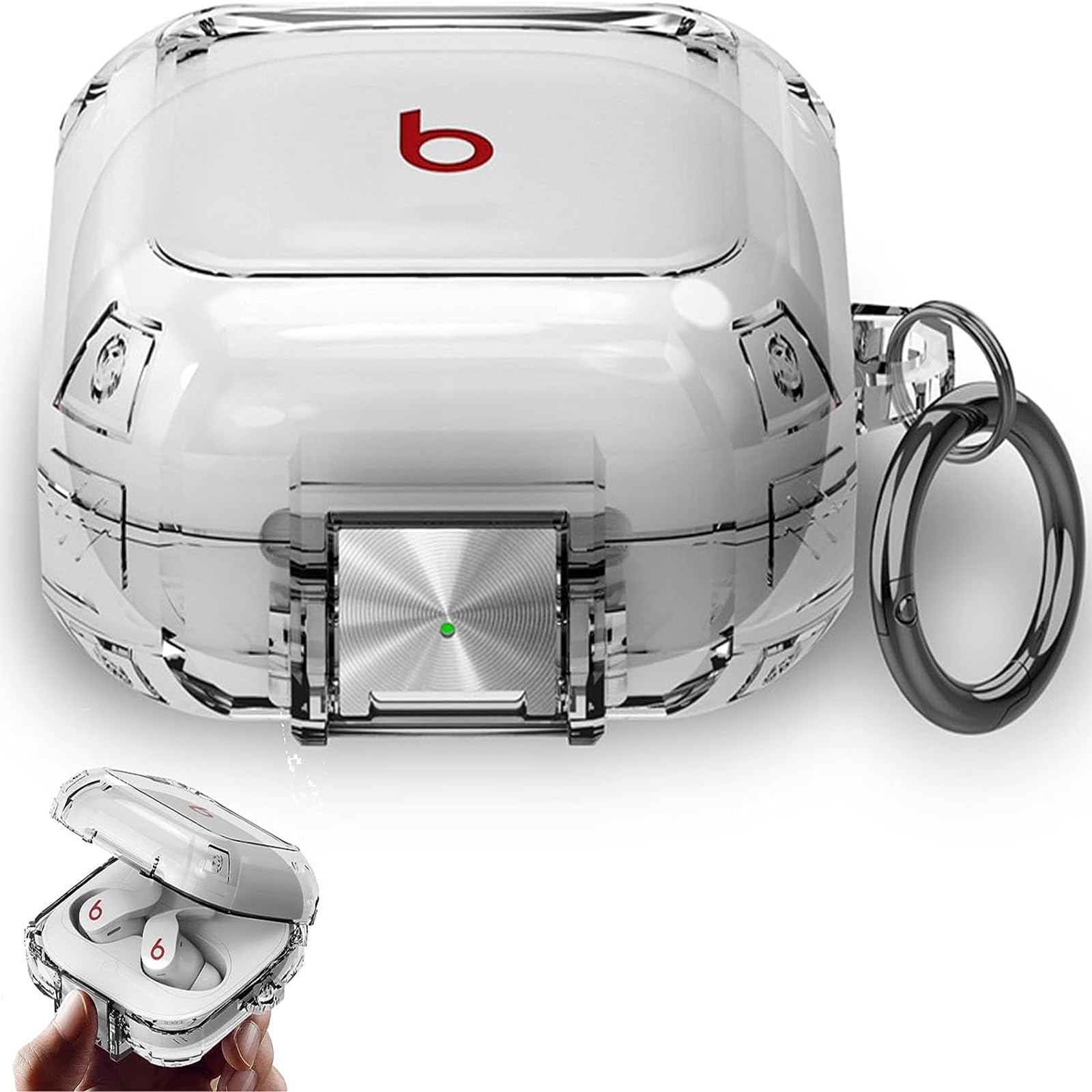 Miimall Case Compatible with Beats Fit Pro Case, [Secure Lock Switch] [Carabiner] Crystal Clear Shockproof Anti-scratch Protective Cover Case for Beats Fit Pro-Transparent