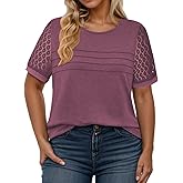 VISLILY Womens-Plus-Size-Summer-Tops Dressy Lace Short Sleeve T Shirts Casual Crewneck Blouses Trendy Pleated Tunics XL-5XL