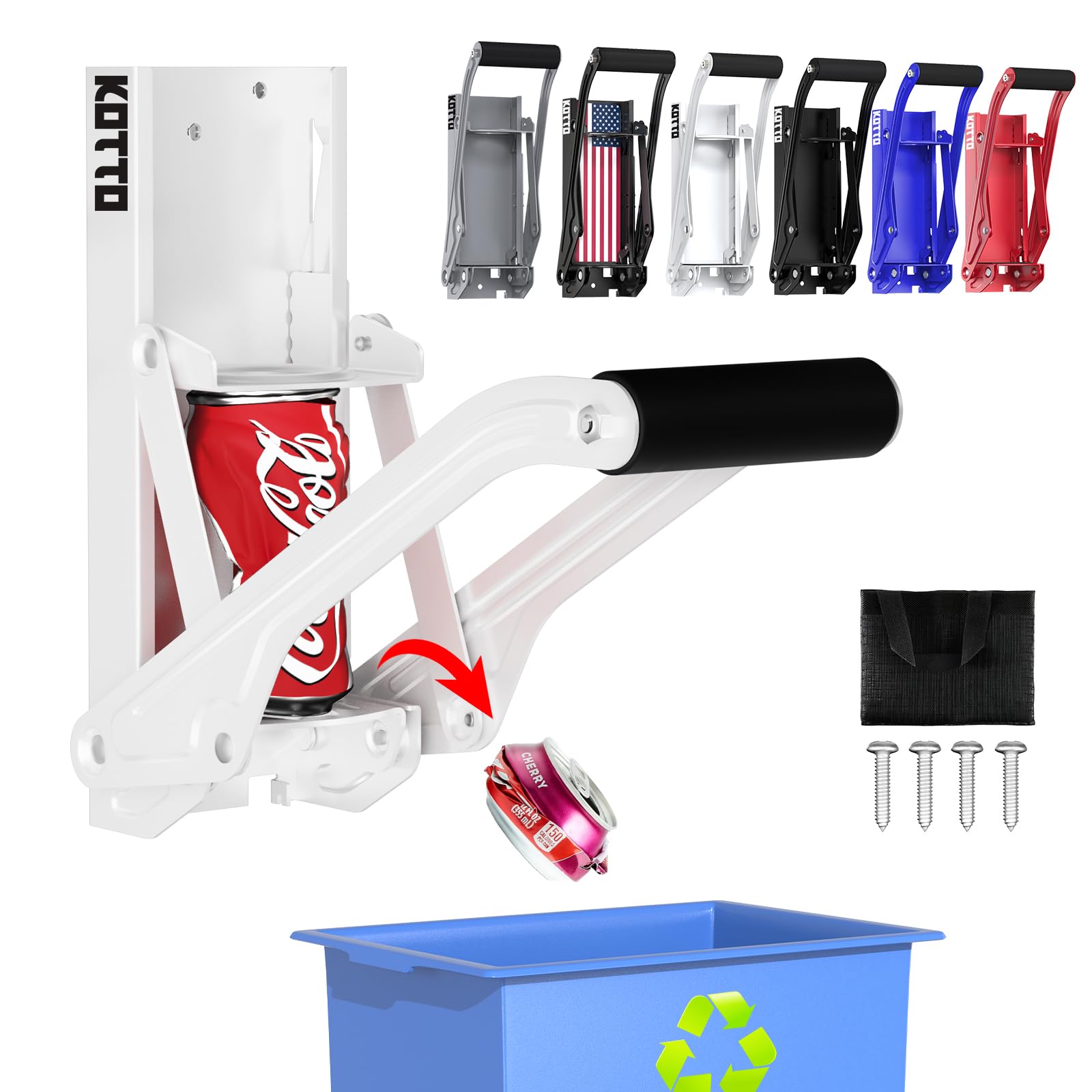 Photo 1 of Kotto Can Crusher - Wall Mounted Can Crushers for Recycling - with Auto-Drop System -Built-in Bottle Opener-Crushes 8-16oz Cans-Includes Kitchen Storage Bag-Heavy Duty Can Crusher for Home Use-White