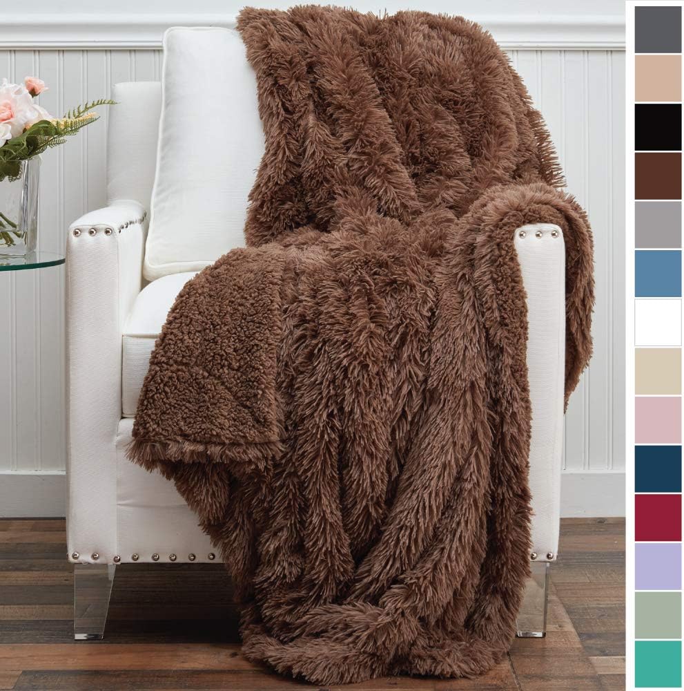 The Connecticut Home Company Shag with Sherpa Reversible Throw Blanket, Super Soft, Large Plush Wrinkle Resistant Blankets, Warm and Hypoallergenic Washable Couch or Bed Throws, 65x50, Brown
