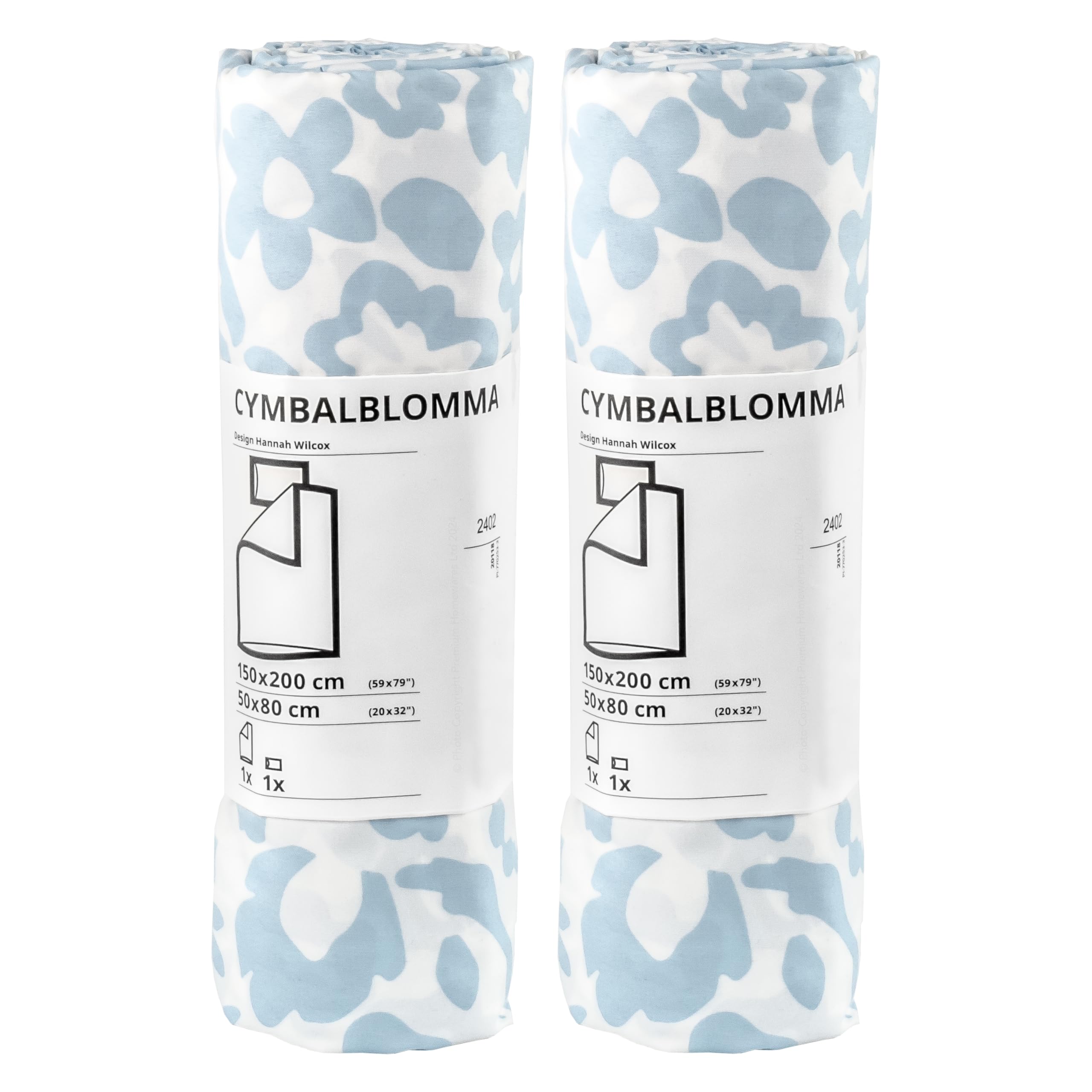 CYMBALBLOMMA Set of 2 x Single Duvet Covers & 2 x Pillowcases, 150x200cm & 50x80cm, Light Blue & White Patterned