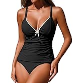ZAFUL Women's 2 Pieces Tankini Swimsuits V Neck Bow Decor Lace up Tummy Control High Waisted Bikini Swimsuits
