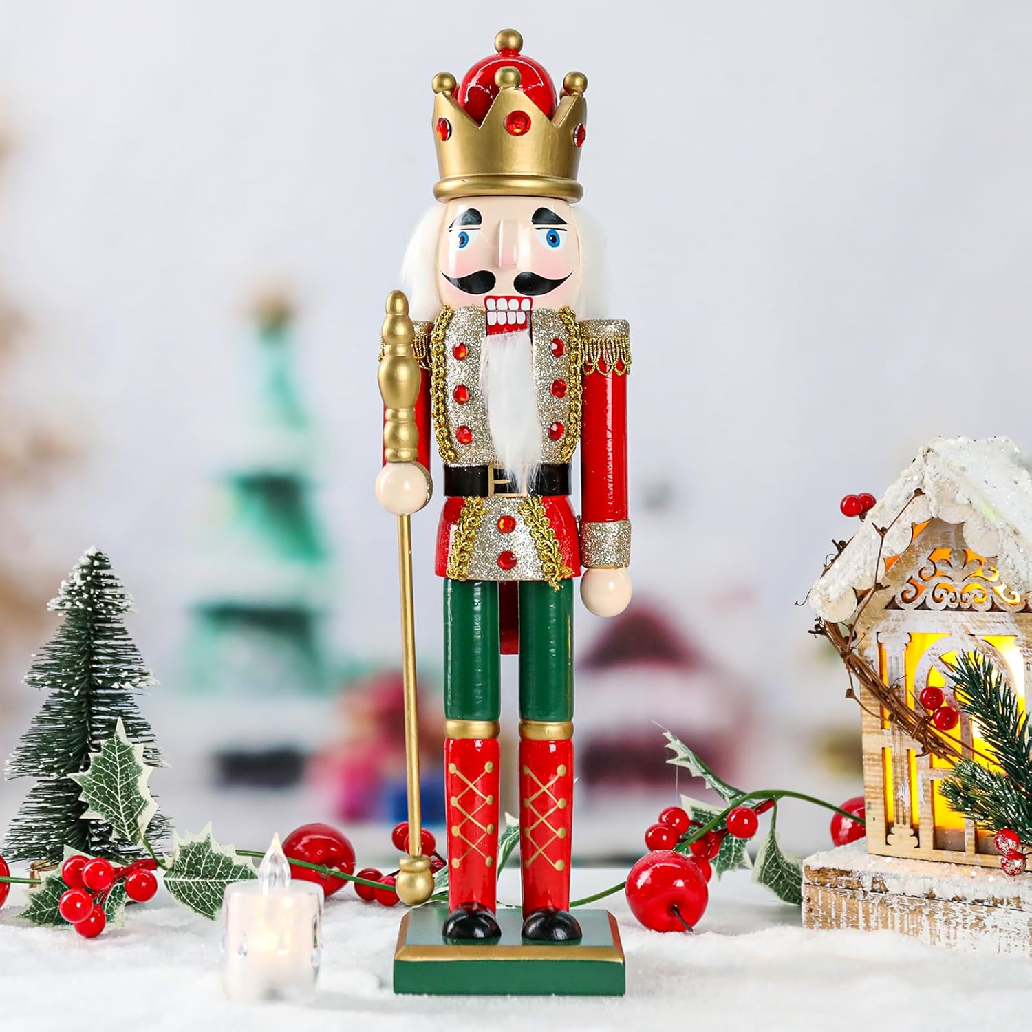 Nutcrackers - WONDER GARDEN Christmas Nutcracker, 15 Inch Nutcracker Figures, Wooden King Solider Christmas Nutcrackers Ornaments, Red Nutcrackers Christmas Decorations for Shelves and Tables Decor