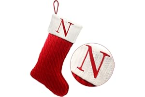 ZOEA 20 Inches Christmas Stockings with Initials, Large Embroidered Letter Knit Christmas Stocking for Family Holiday Decorations and Xmas Gift (N, Red)