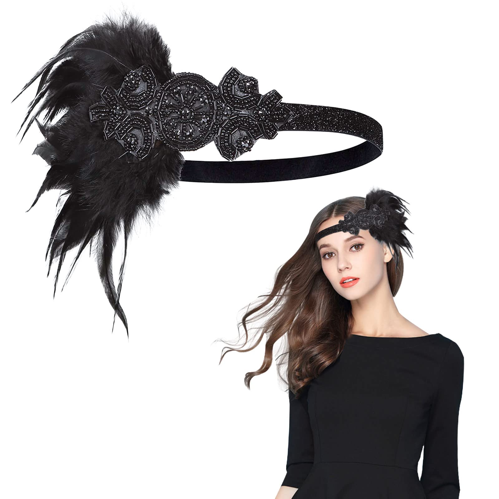 MIVAIUN 1920s Headband 1920s Flapper Feather headband Women's 1920s Flapper Feather Headpiece Vintage Headband Great Gatsby Costume Accessories, 1920s Flapper Headpiece 20's Accessories (1 Pcs)