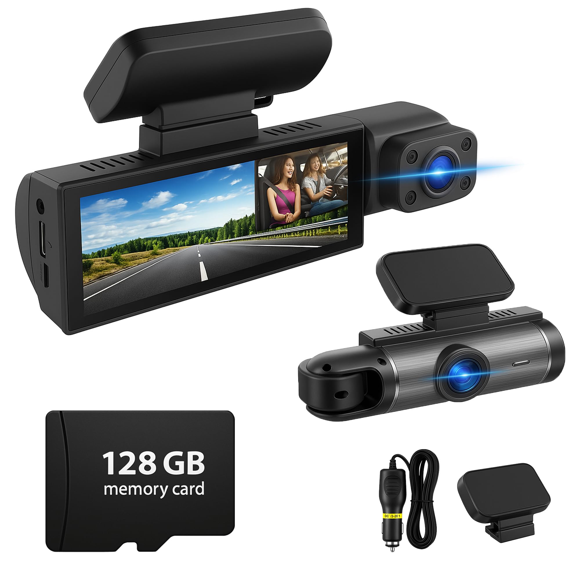 Photo 1 of 128GB Dash Cam Front and Rear for Cars with Night Vision, 1080P Dual Lens Dash Camera Inside and Outside, 24H Parking Monitor, Motion Detection, Loop Recording, Car Camera with Audio