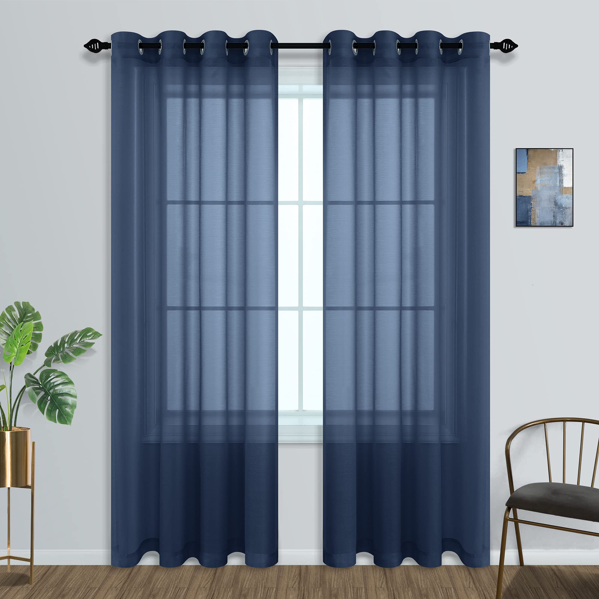 Mrs.Naturall Navy Blue Curtains 96 Inches Long for Living Room Set of 2 Panels Grommet Window Sheer Curtain Panels for Bedroom 52x96 Inch Length