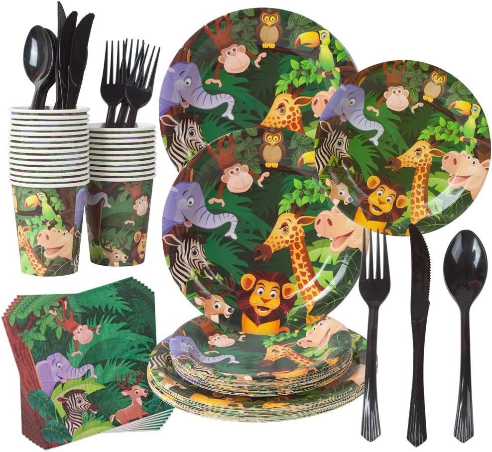 ZOO Jungle Animal Party Supplies 168PCS Safari Birthday Themed 24 Dinner Plates 24 Dessert Plates 24 Cups 24 Napkins 24 Sets of Cutlery Tropical Themed Decorations for Kids Animals Baby Shower …