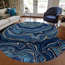 Marble Swirl Modern Abstract Navy Gold Round Rug