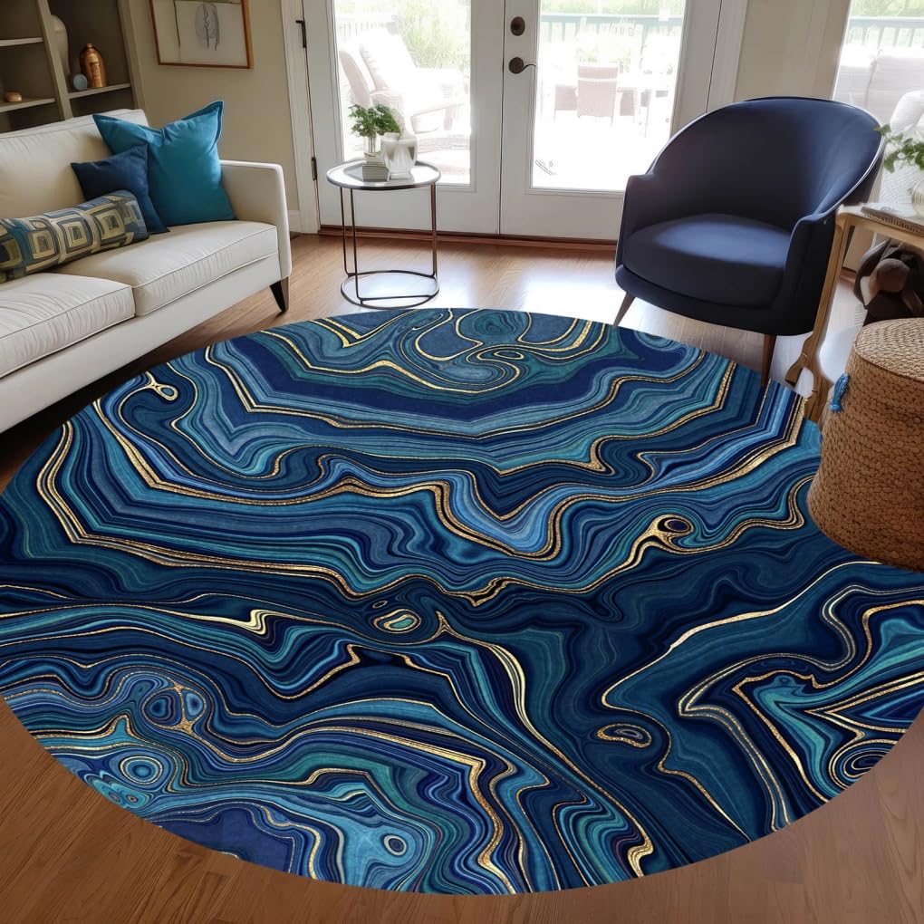 Marble Swirl Modern Abstract Navy Gold Round Rug