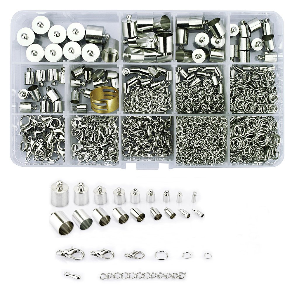 Lollibeads (TM) (1000 Pcs) Silver Plated Barrel Leather Cord Ends Cord End Cap 3mm-12mm, Lobster Clasp 10mm 12mm 14mm,Jump Ring 5mm-8mm, Jump Ring Open Tool and Extension Chains Kits Assorted Pack