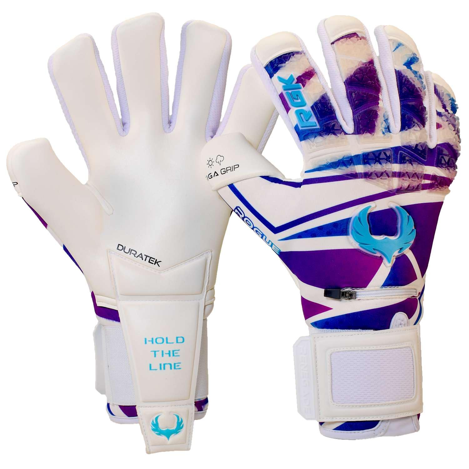 Renegade GK Limited Edition Rogue Techno Goalie Gloves with Fingersaves | 4mm Giga Grip | White, Purple & Blue Goalkeeping Gloves (Size 9, Youth-Adult, Neg. Cut, Level 4+)