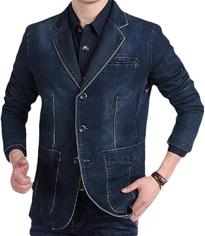 Men Single Breasted Slim Fit Denim Business Classic Blazer Suit Jackets
