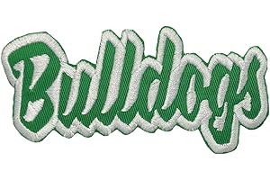 WHOLESALE APPLIQUE Bulldogs Mascot, Team Name, Embroidered, Iron on Patch (Green Twill/White Outline)