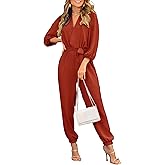 PRETTYGARDEN Women's Fall Jumpsuits Dressy Casual Pants Romper Spring Long Sleeve V Neck Belt Pockets One Piece Outfits