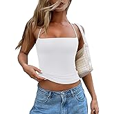 REORIA Womens Square Neck Halter Tank Tops Backless Crop Tops Sleeveless Double Lined Tops Y2K Going Out Outfits