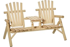 Outsunny 2-Seat Wooden Adirondack Chair, Patio Bench with Table, Outdoor Loveseat Fire Pit Chair for Porch, Backyard, Deck, Natural
