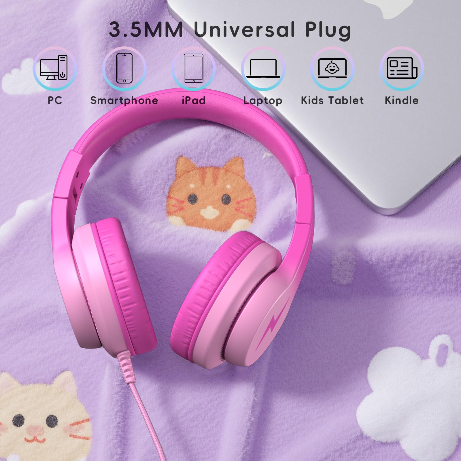 Candy Bila Kids Headphones, Wired Headphones for Kids Over Ear with Microphone, 85/94dB Volume Limiter Headphone for Girls Boys, Foldable Headphone for Learning & Entertainment, Gradient Deep Pink