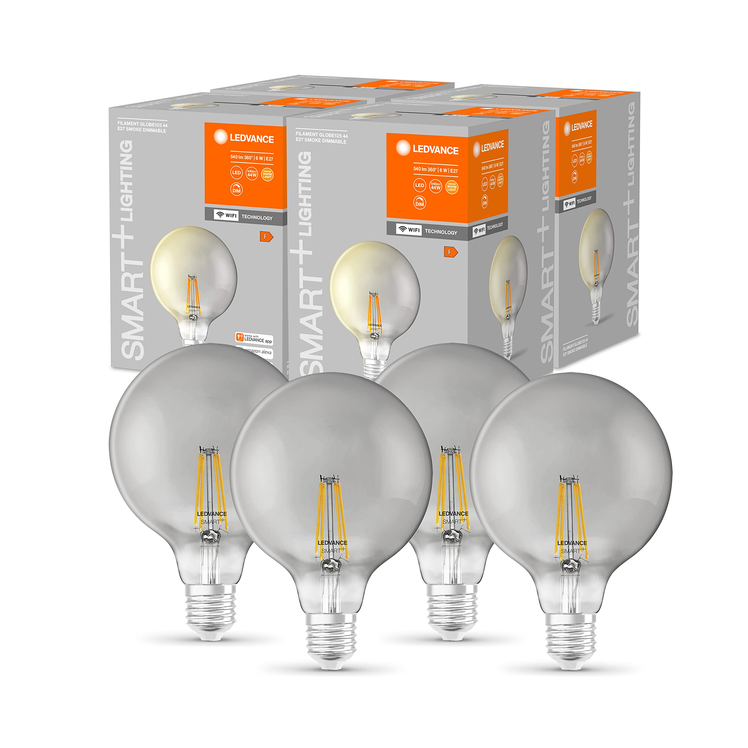 LEDVANCE Smart LED bulb with Wifi technology, E27, Dimmable, Warm white (2500K), Edison shape, Clear filament in smoked glass, Replacement for conventional 44W bulbs, Controllable with Alexa, Google & App
