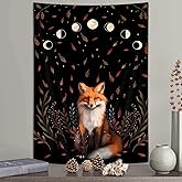 Aesthetic Fox Moon Phase Vertical Tapestry, Trippy Animal Floral Witchy Tarot Tapestry Wall Hanging for Bedroom, Black Fall Maple Leaves Tapestries Poster Blanket College Dorm Home Decor (40X60)
