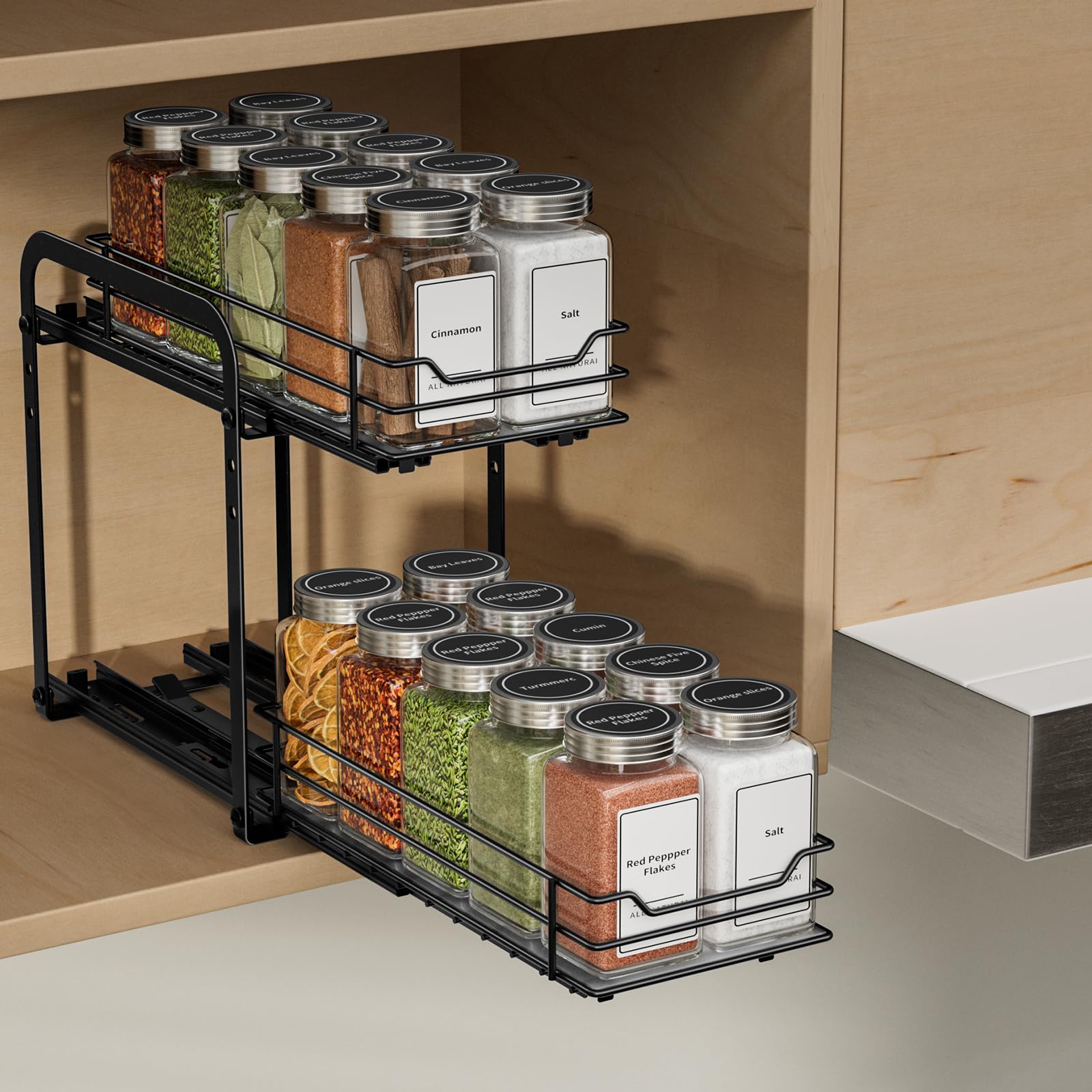 ZDDLOINP Pull Out Spice Racks for Inside Cupboard, 2 Tier Spice Rack, Spice Rack for Cabinet Height Adjustable, Heavy Duty Slide Out Spice Racks Organizer L10.4*W5.3*H9.1inch