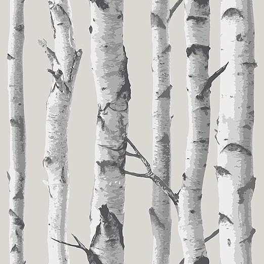 Peel and Stick Wallpaper Birch Tree Wood Grain 17.7"x 9.8ft Black/White