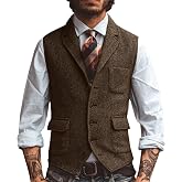 JULUOYIE Men's Herringbone Tweed Suit Vest Lapel Waistcoat | Sleeveless Jacket For Business, Weddings And Formal Events