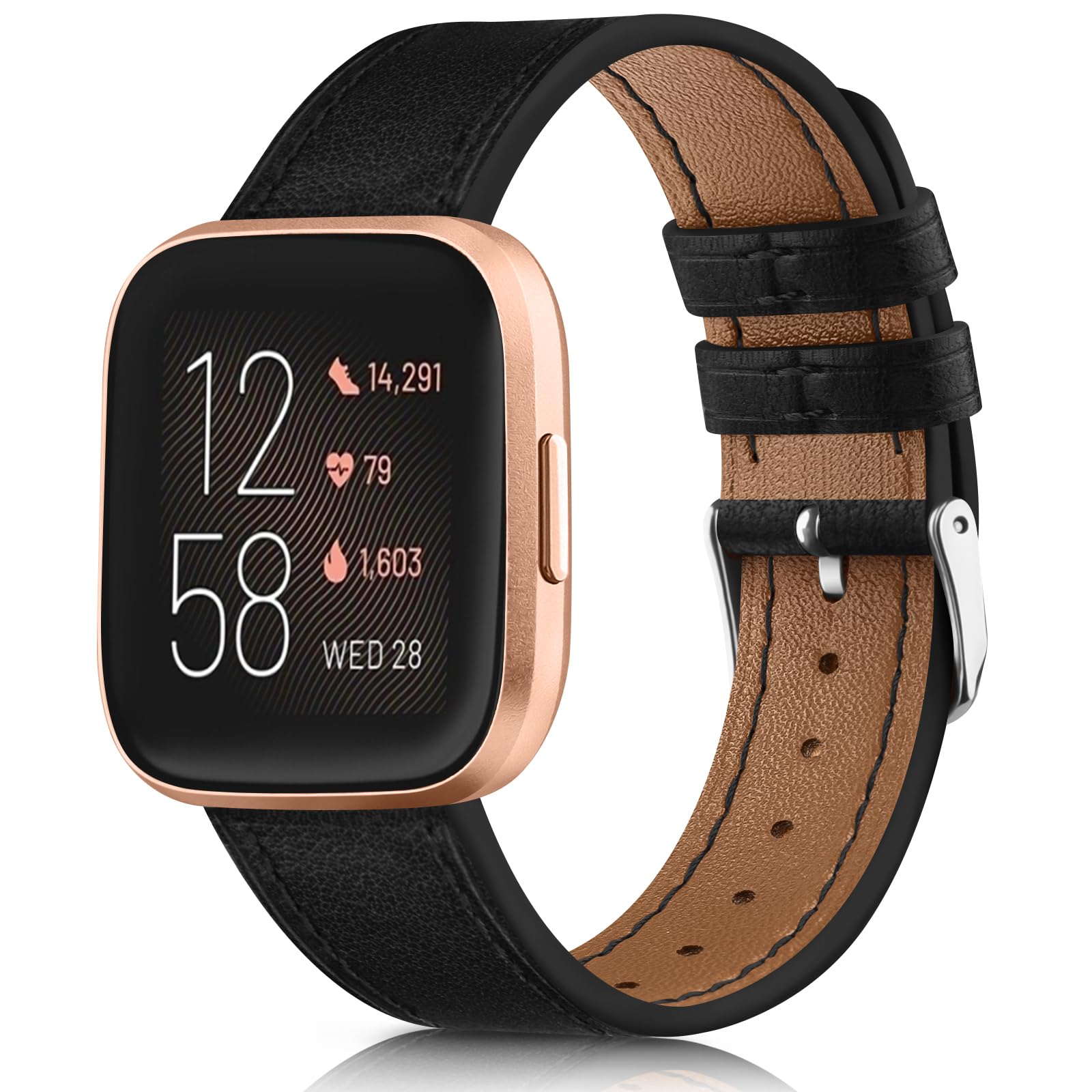 Mugust Leather Strap Compatible with Fitbit Versa & Versa 2, Classic Replacement Strap for Women & Men (Black)