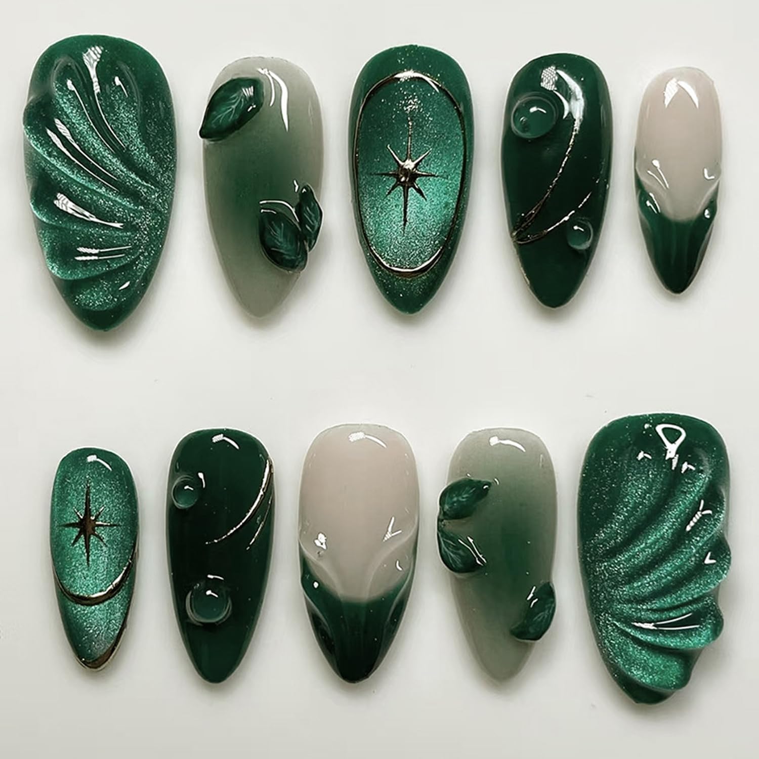 Photo 1 of 24Pcs Handmade Press on Nails Medium Almond Fake Nails with 3D Green Ripple Design False Nails Cat's Eye French Nails Tips Leaves Pattern Full Cover Glossy Reusable DIY Nails for Women Nail Art