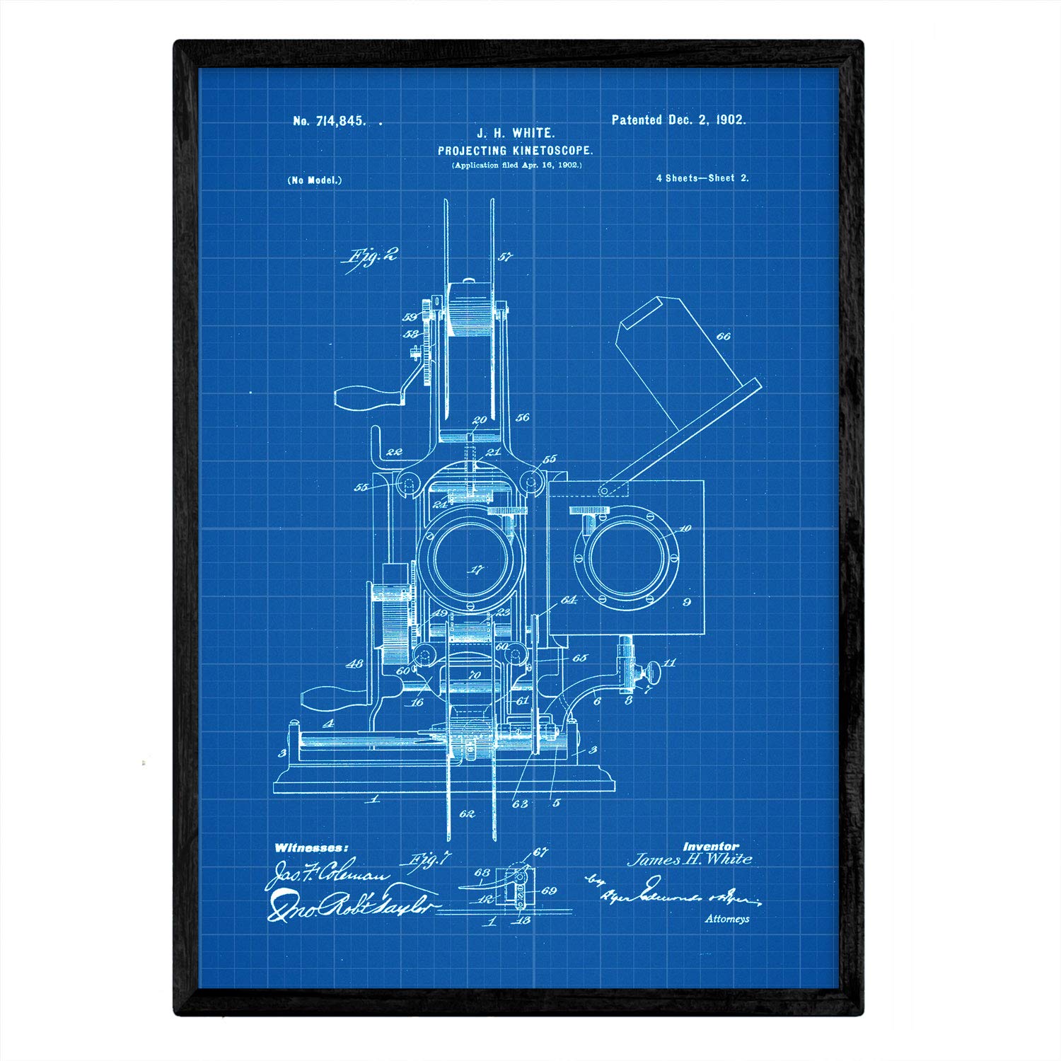 Nacnic Poster with Kinetoscopio Patent 2. film with old design patent in A3 size with blue background
