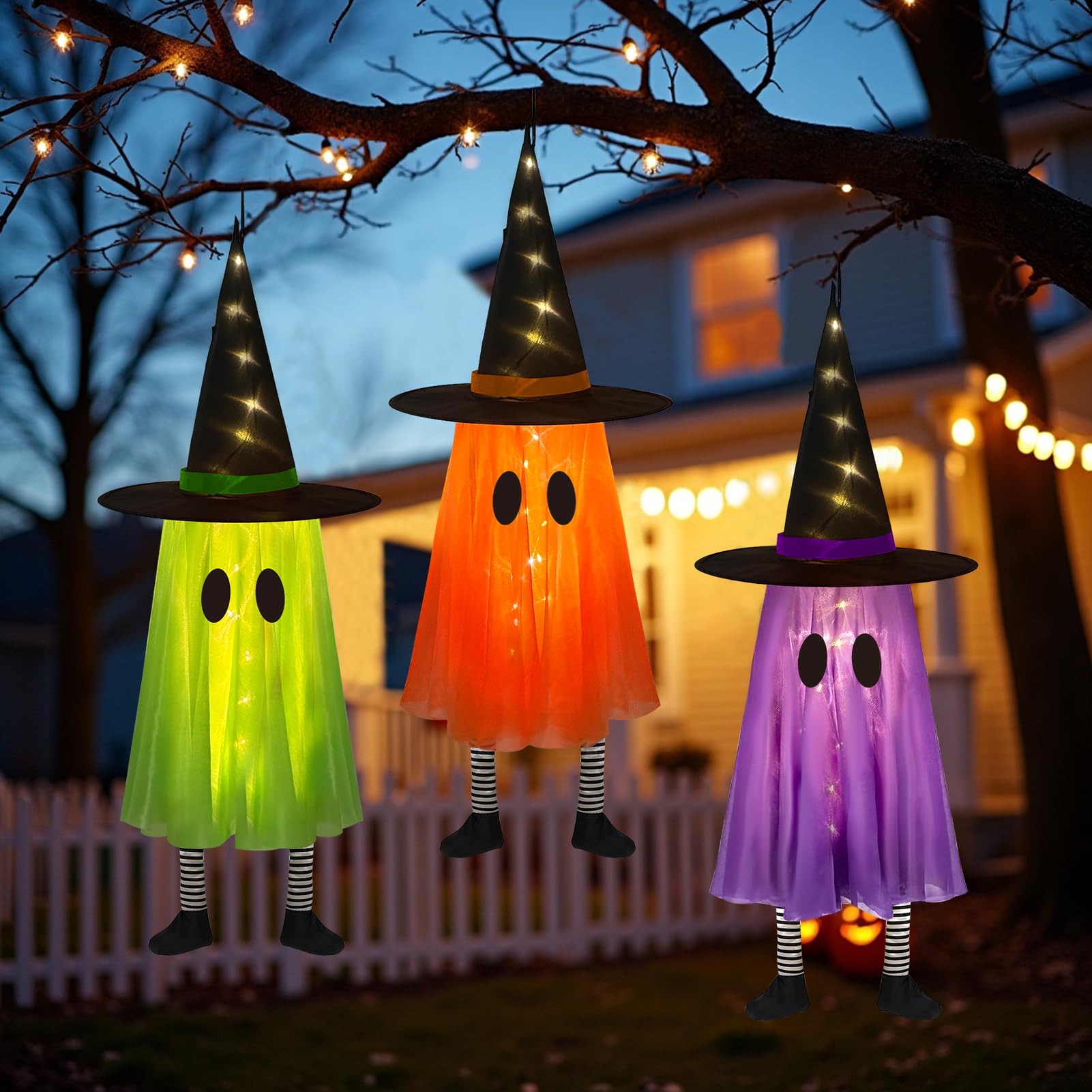 Photo 1 of DAZONGE Halloween Decorations Outdoor, 3 Packs Hanging Ghost Halloween Decor with String Lights Battery Operated, Ghost Decor with with Hat for Home Yard Porch