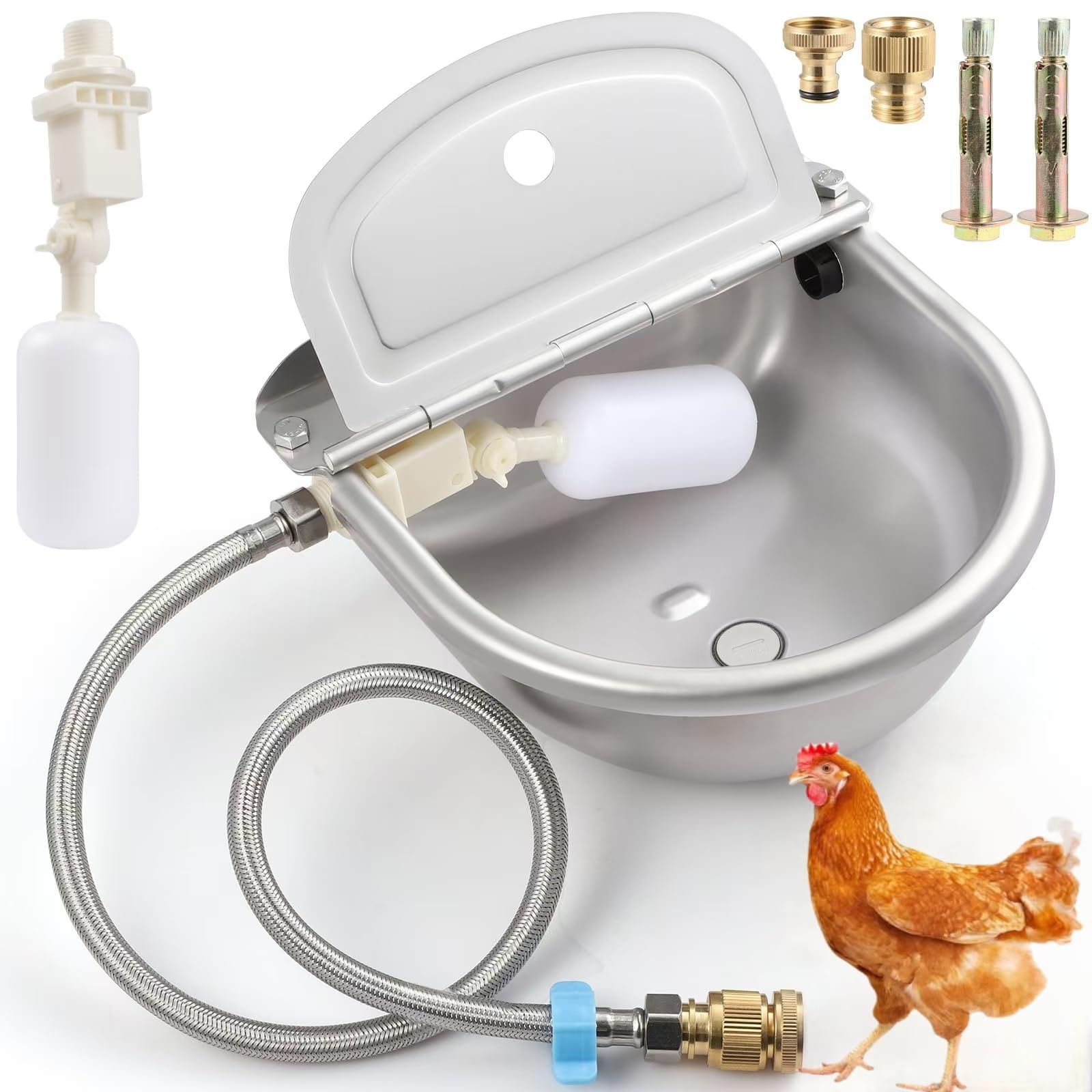 Photo 1 of Automatic Water Dispenser for Chicken, 304 Stainless Steel Outdoor Auto Fill Waterer Bowl Self Refilling Watering System with 2 Float Valves and Drainage Hole for Chicken,Duck,Poultry