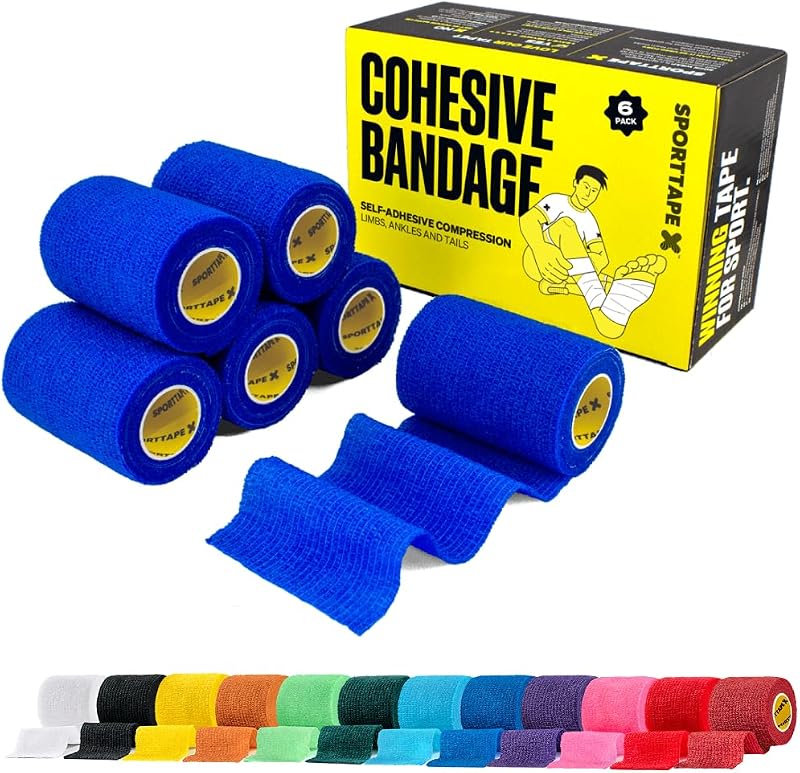 SPORTTAPE Self-Adhesive Cohesive Bandage 6 Rolls 7.5cm x 4.5m Blue