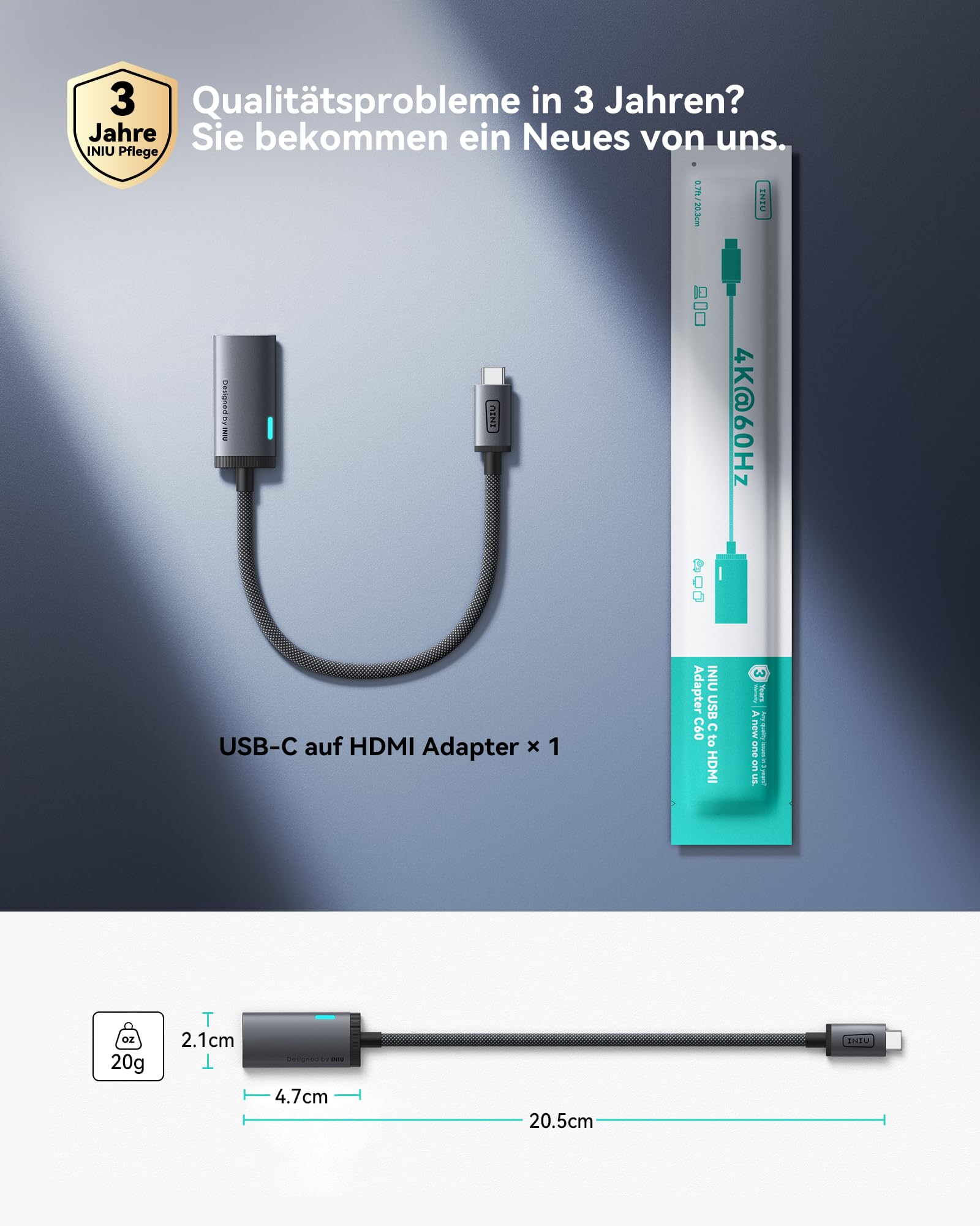 INIU USB C auf HDMI Adapter 4K@60Hz, USB Typ-C auf HDMI Adapter Ladegerät für MacBook Pro Air, iPad Pro, iPhone 17 16 15 Pro Max, Pixelbook, Pixel 10 9, Surface Pro, Dell, XPS, Samsung 25 24 Ultra etc 8