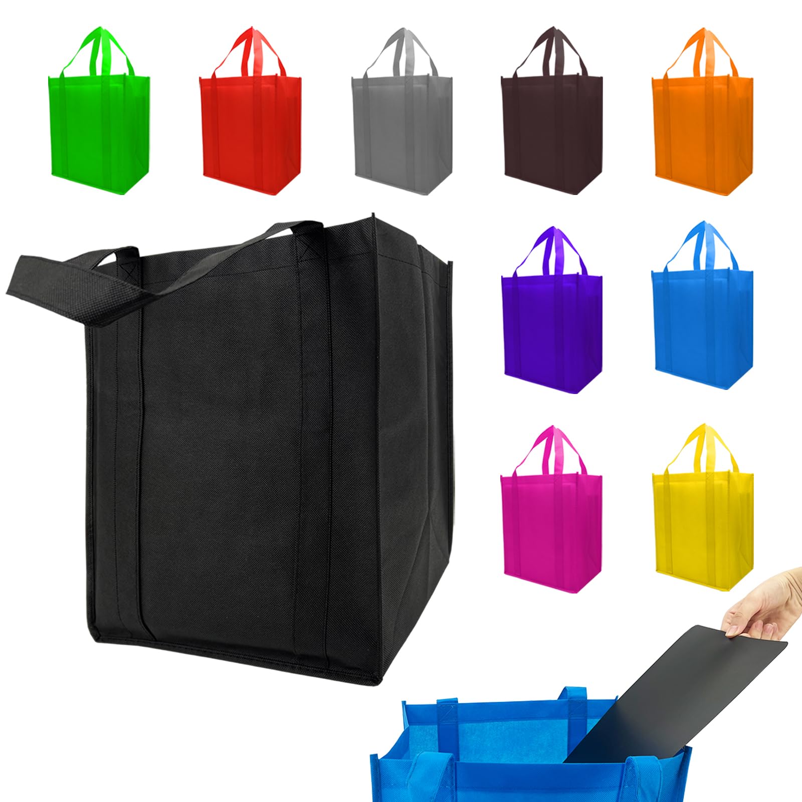 Photo 1 of 10 Pack Reusable Shopping Bags - 14.9x12.6x9.4 Inth Bulk Tote Bag for Grocery with 5 Pack Thick Plastic Bottom can Hold 50 Lbs, Foldable & Durable with Reinforced Handles