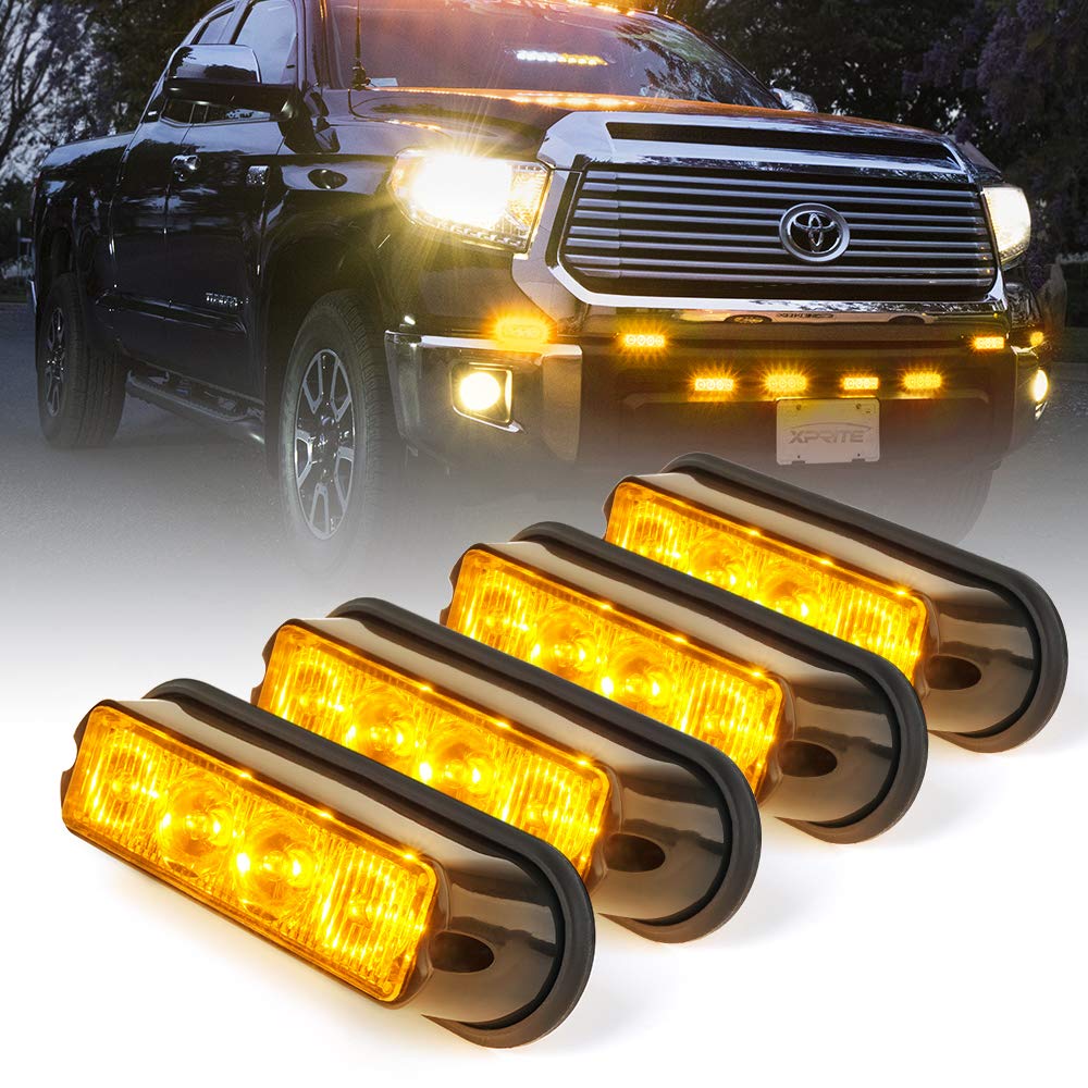 Xprite Amber Yellow 4 LED 4 Watt Emergency Vehicle Waterproof Surface Mount Deck Dash Grille Strobe Light Warning Police Light Head with Clear Lens - 4 Pack