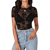 LYANER Women's Lace Top Short Sleeve Crewneck Fitted Mesh Sheer T-Shirt
