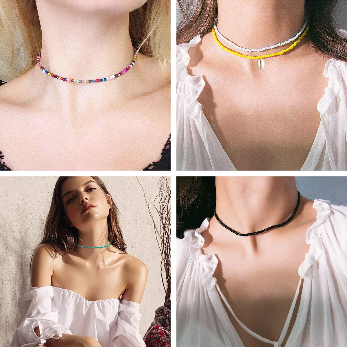 10PCS Seed Bead Choker Necklace, beaded choker Trendy Colorful Boho Chokers Necklace Chain Bohemian Rainbow Tiny Seed Rice Beaded Necklaces Jewelry for Women Girls