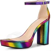Allegra K Women's Printed Clear Platform Chunky Heel Sandals | Faux Leather, Rubber Outsole, ABS Heel. Padded Insole for Comfort. Ankle Strap with Buckle. Party Ready.