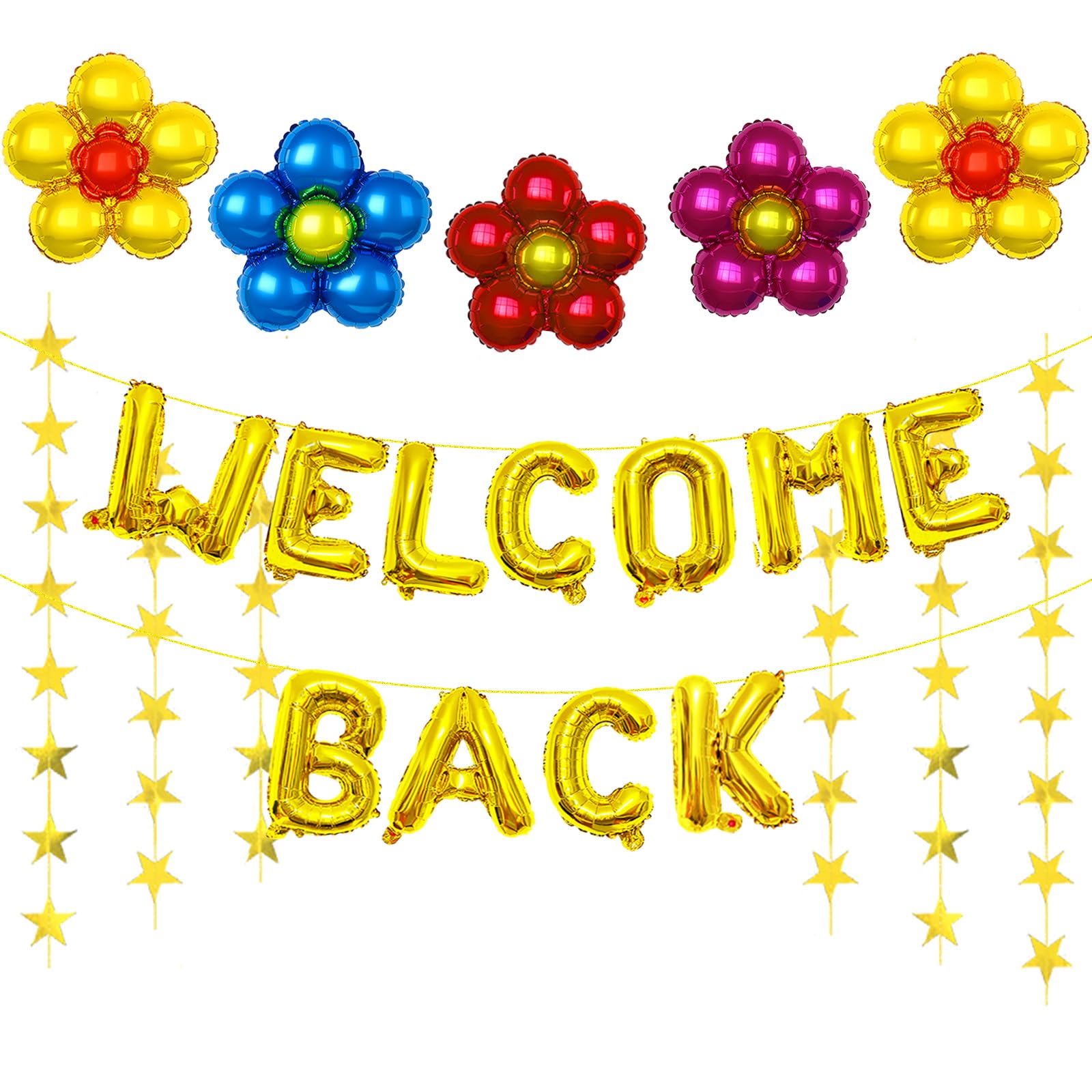 Photo 1 of 16 Inch Gold 'WELCOME BACK' Balloon Banner, Mylar Letter Balloons with 18 Inch 5-Petal Flower Balloons and Gold Star Garlands for Back to School, Office Return, Welcome Home Party Decorations