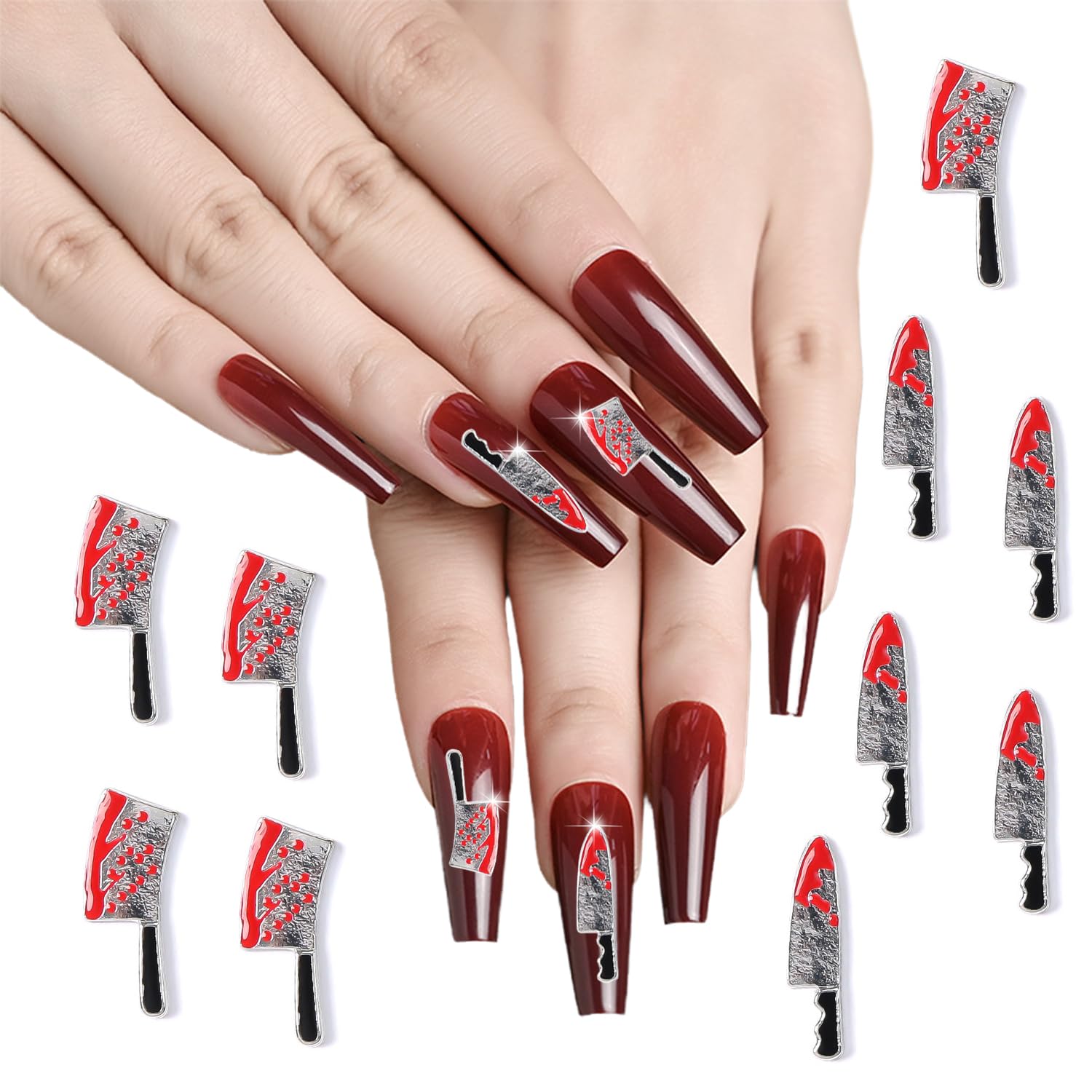 Photo 1 of 10 Pcs Halloween 3D Nail Charms 3D Alloy Nail Art Charms Blood Knife Nail Charms Metal Nail Supplies Nail Rhinestone Design Jewelry Decor Halloween Nail for Women DIY Nail Accessories