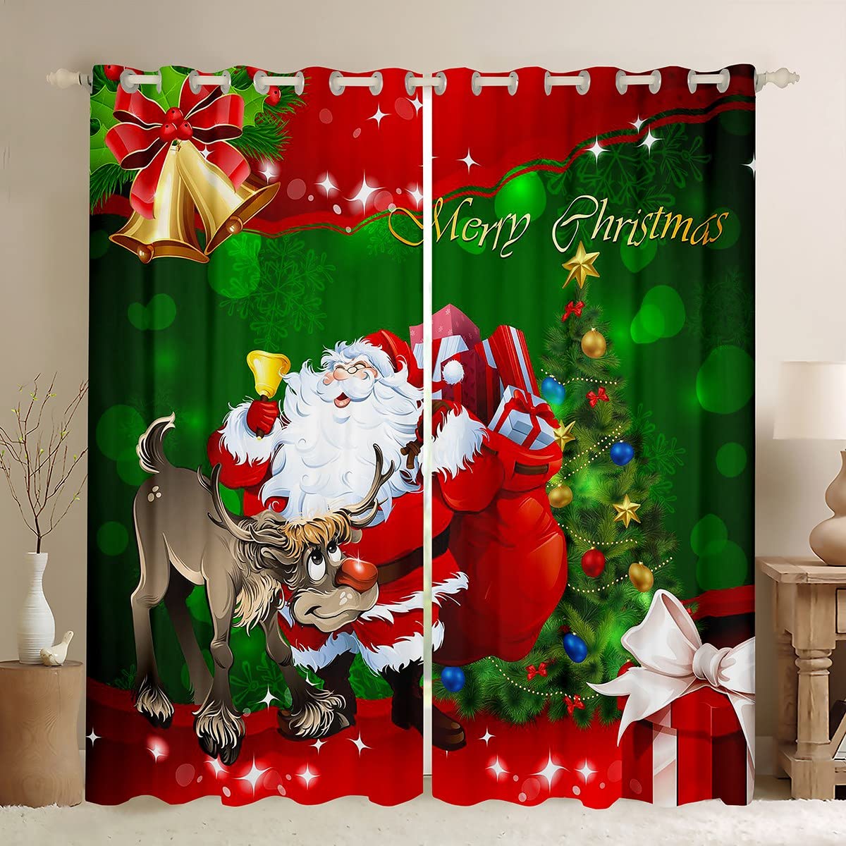 Loussiesd Christmas Snata Claus Blackout CurtainKids Cartoon Xmas Elk Curtain For Girls Boys Red Green Merry Christmas Darkening Curtain Christmas Tree Window Drapes W66*L90