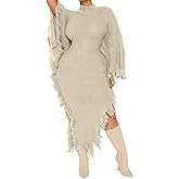 Ptorlio Womens Fringe Sweater Dress Knit Plus Size Turtleneck Long Batwing Sleeve High Slit Fall Maxi Dresses